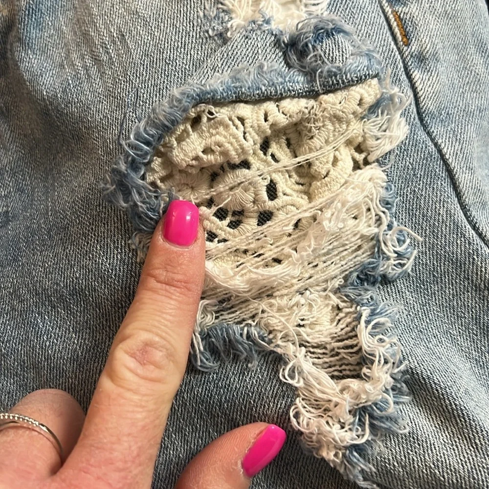 Free People Crochet Detail‎ Distressed Light Blue Raw Hem Straight Leg Jeans- 2